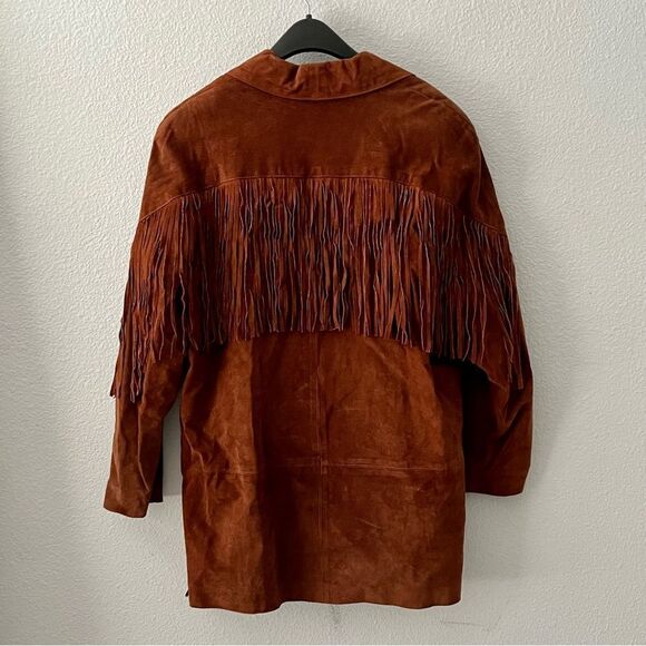 NWT VTG Leather Frontier Collection Western Boho Fringe Concho Brown 80’s Coat L - Picture 7 of 16